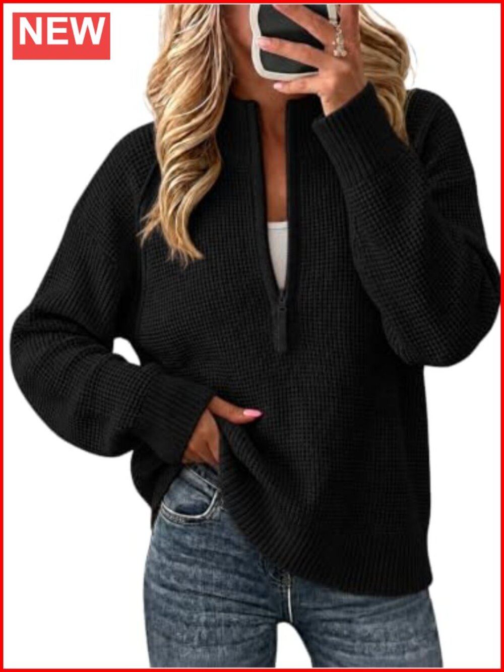 Womens Quarter Zip Pullover Sweater Waffle Knit Long Sleeve Top
